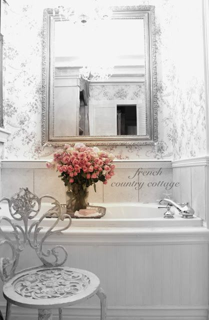 A Romantic Vignette -  This fresh bouquet of little roses is absolutely beautiful.   Dozens of dainty spray roses in the s... Romantic Bathroom Decor, French Cottage Bathroom, French Country Bathrooms, Cottage Bathrooms, Romantic Bathrooms, Country Bathrooms, French Inspired Home, Cottage Bath, Modern Style Decor