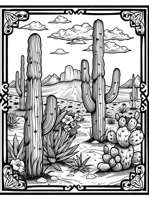 Cactus Desert Drawing, Saguaro Cactus Drawing, Desert Scene Tattoo, Saguaro Tattoo, Desert Tattoo Ideas, Desert Sketch, Cactus Sketch, Western Sketches, Theme Tattoos