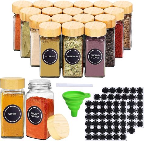 Robasiom 24pcs Glass Spice Jars 118ml/4oz Bamboo Spice Jar Set  Premium material - Reusable, BPA Free, Durable Waterproof, Food Grade Bamboo Spice Jar, Lux Apartment, Spice Organization Drawer, Lime Powder, Spices Packaging, Spice Jar Labels, Spice Jar Set, Spice Shelf, Meals Dinner