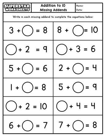 Missing Addends - 1st grade math Minute Math Worksheets 1st Grade, Class 1 Addition Worksheet, Free Printable Math Worksheets 1st Grade, Free 1st Grade Math Worksheets, 1 Class Worksheets Maths, Grade 1 Math Worksheets Free Printable, Addition And Subtraction Worksheets 1st, Mental Maths Worksheets For Grade 1, Grade 1 Maths Worksheets