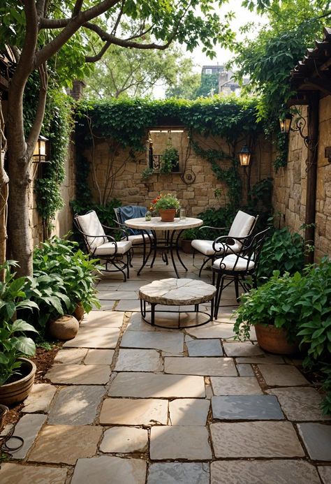 21 Small Flagstone Patio Ideas You’ll Love 13 Parisian Courtyard Patio, Flagstone Pool Patio, Flagstone Grill Area, Stone Patio Small Backyard, Flagstone Gravel Patio, Garden Retention Wall, Round Stone Patio, Small Garden Yard Ideas, Gray Flagstone Patio