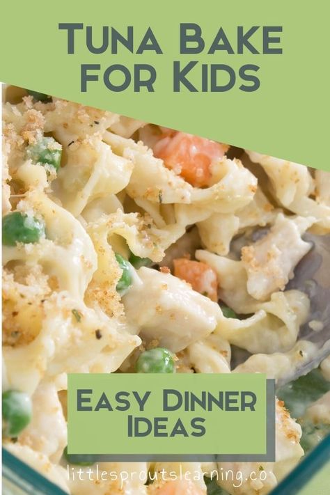 I love it when I find a recipe combination that my daycare kids are crazy about. This tuna bake for kids is an easy dinner idea, can be made ahead, freezes great, and pleases a crowd. Tuna Bake Recipe, Easy Tuna Recipes, Kids Friendly Meals, Tuna Lunch, Tuna Loin, Tuna Bake, Loin Recipes, Daycare Meals, Fillet Recipes