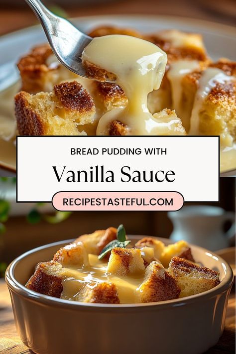 This comforting Bread Pudding with Vanilla Sauce transforms stale bread into a delicious dessert, perfectly soaked in a rich custard and topped with a luscious vanilla sauce. Ideal for family gatherings or a cozy evening treat! Banana Pudding Custard Recipe, Sauce For Bread Pudding, Christmas Bread Pudding, Bread Pudding Recipe With Vanilla Sauce, Custard Bread Pudding, Custard Dessert Recipes, Bread Pudding Sauce, Bread Pudding With Vanilla Sauce, Vanilla Pudding Recipes