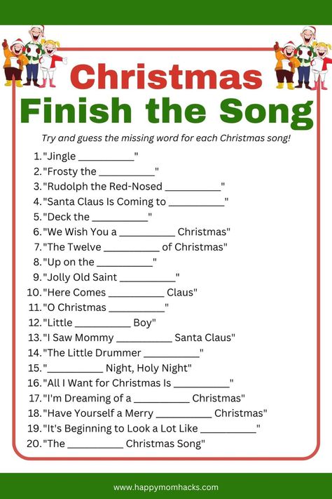 Best Free Printable Christmas Games for Parties | Happy Mom Hacks Ideas For Family Christmas Party, Christmas Party Games Printables Free, Holiday Printable Games, Christmas Mystery Game For Kids, Games For Christmas Party Families Fun Free, Christmas Games Paper Free Printable, Finish My Phrase Christmas, Christmas Games For Nursing Homes, Christmas Work Party Ideas Activities