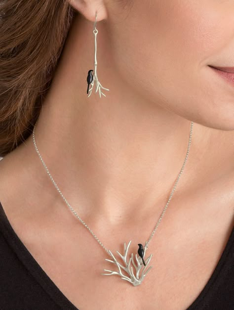 Bird Jewelry Design, Birds Jewelry, Birds Earrings, Branch Jewelry, Black Metal Jewelry, Silver Bird Necklace, Black Birds, Bird Necklace, Artful Home