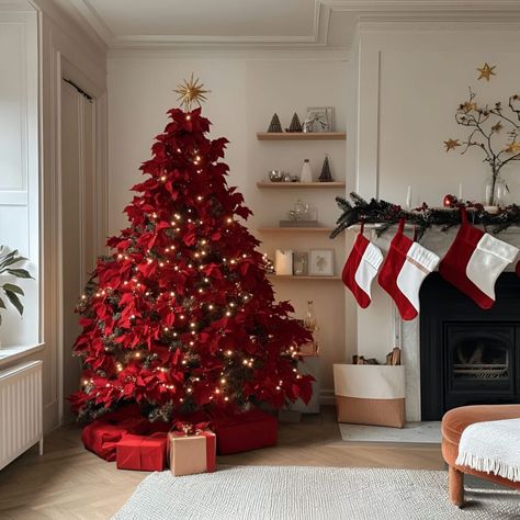 A modern red Christmas tree adorned with white lights, velvet bows, and star ornaments fits perfectly in minimalist interiors. Create an elegant holiday vibe effortlessly. Red Christmas Trees, Star Ornaments, Velvet Bows, Minimalist Christmas Tree, Red Christmas Tree, White Lights, Minimalist Christmas, Christmas Tree Decor, Star Ornament