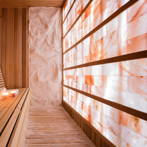 Himalayan Salt Room Construction Aluminum Panel Walls & Backlit How To Build A Salt Room, Salt Rock Wall, Sauna With Salt Wall, Himalayan Salt Sauna, Hymalayan Salt Lamp, 443 Greenwich, Sauna Aesthetic, Himalayan Salt Wall, Salt Sauna