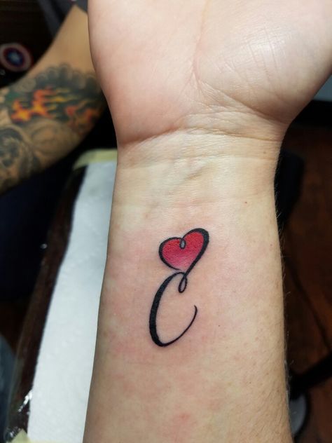 "C" tattoo with heart Letter C With Heart Tattoo, Heart With A C Tattoo, Heart C Tattoo, Small C Tattoo Letter, C Letter Tattoo Design, C Heart Tattoo, Heart With Letter Tattoo, C Letter Tattoo, Letter C Tattoo Ideas