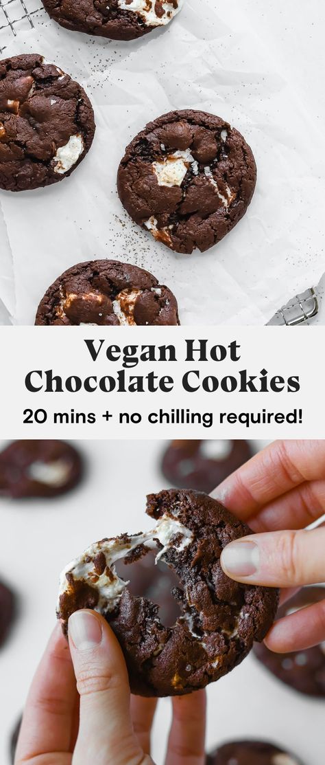 Easy No Dairy Dessert, Vegan Chocolate Marshmallow Cookies, Easy Vegan Holiday Cookies, Thick Vegan Cookies, Vegan Marshmallow Cookies, Vegan Pinwheel Cookies, Vegan Hot Chocolate Cookies, Vegan Holiday Cookies Recipes, Vegan Hot Cocoa Cookies