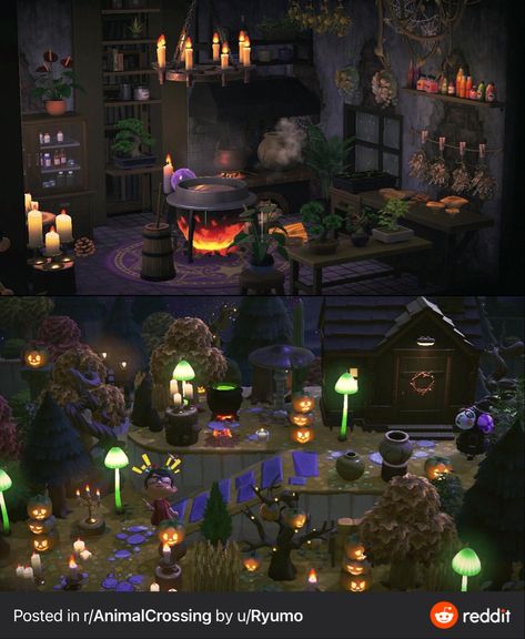 Acnh Spooky Room Ideas, Acnh Spooky House Ideas, Spooky House Animal Crossing, Acnh Dark Theme Ideas, Acnh Witchy House Exterior, Animal Crossing Witch Kitchen, Acnh Halloween House Ideas, Animal Crossing Potion Shop, Spooky Anch