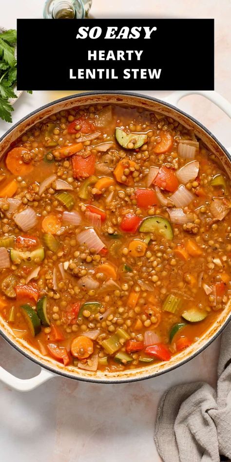 This full of flavour Lentil and Vegetable Stew is hearty and nutritious and a recipe that you will frequently turn to. With protein-rich dried brown lentils, traditional Italian herbs, and a generous quantity of mixed vegetables, it is a deeply satisfying meal made in one pot. With the warm and sunny flavours of the Mediterranean, this is a complete meal that needs nothing more than some crusty bread to accompany it. Lentil Tomato Recipes, Italian Vegetable Stew, Brown Lentil Recipes, Vegetarian Stew Recipes, Clean Soups, Mediterranean Beef Stew, Best Lentil Recipes, Lentil Stew Recipes, Veggie Stew