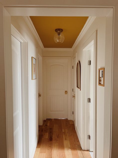 Masonite 30 in. x 80 in. 2 Panel … curated on LTK White Walls Yellow Trim, Mustard Yellow Hallway, Hallway Ceiling Paint Ideas, Yellow Gold Paint Colors, Mustard Hallway, Earth Toned Home, Small Hallway Design, Warm Home Interior, Yellow Wall Color