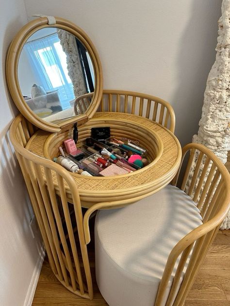 Elise Vanity And Stool Set, Vanity And Stool Set, Elise Vanity, Circular Vanity, Circle Vanity, Bohemian Vanity, Rattan Vanity, Makeup Vanity Stool, Boho Vanity