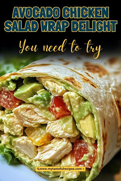 Craving something light and full of flavor? Try this Avocado Chicken Salad Wrap! With creamy avocado, tender chicken, and fresh veggies, it’s a delicious and healthy choice for any meal. Avocado Chicken Wrap, Avocado Wrap Recipes, Chicken Salad Wrap Recipe, Avocado Chicken Salad Wrap, Chicken Avocado Wrap, Quick Sandwiches, Avocado Wrap, Salad Wrap, Lemon Salad