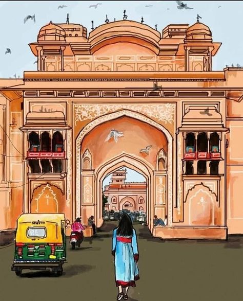 Indian City Painting, Udaipur Drawing, Jaipur Illustration Art, Jaipur Drawing, Jaipur Illustration, Rajasthan Illustration, Jaipur Painting, Pencil Colour Painting, Jaipur Travel