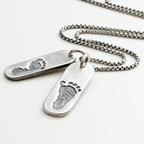 Men's personalised Footprint Necklace with Two by greenriverstudio Footprint Necklace, Cleaning Your House, Puzzle Jewelry, Engraved Engagement Ring, Infinity Jewelry, Fingerprint Jewelry, Foot Print, Monogram Ring, Family Jewellery