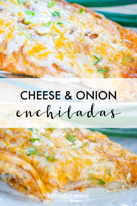 Homemade enchiladas are deliciously cheesy with rich flavor from the traditional corn tortillas. #menus4moms #weeknightdinners #quickandeasymeals #easyrecipes #kidfriendlyrecipe #kidfriendlyfood #frugalrecipes #frugalmeals #addsaltandserve #glutenfree #vegetarian Cheese And Onion Enchilada Recipe, Cheese Onion Enchiladas, Cheese And Onion Enchiladas, Homemade Enchilada Sauce Recipe, Enchiladas Recipes, Enchiladas Chicken, Enchiladas Suizas, Easy To Cook Meals, Enchilada Recipe