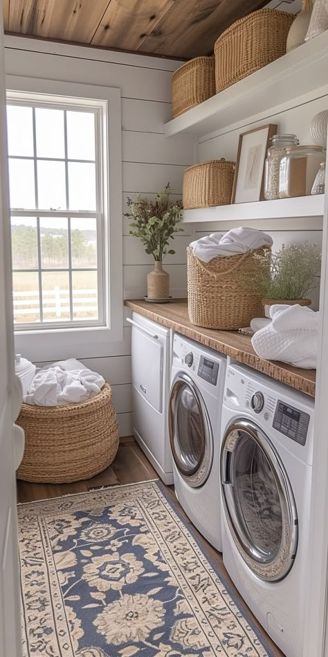 Modern Farmhouse Decor Small House, House Interior Modern Farmhouse, Farmhouse Apartment Aesthetic, Small Home Styling, Farmhouse Modern Laundry Room, Cottage Farmhouse Laundry Room, Modern Farmhouse On A Budget, Small Farmhouse Living Room Decor, Modern Farmhouse Home Decor Ideas