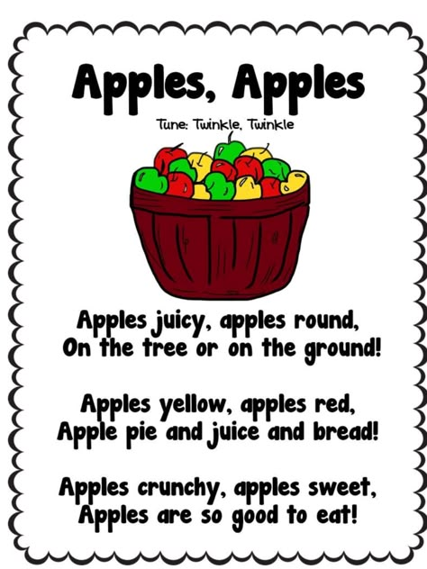 Apples! Apples! Poems Kindergarten, Kindergarten Friendship, Apple Poem, Preschool Apples, Apple Song, Preschool Poems, Preschool Apple Theme, September Preschool, Apple Week