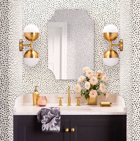 A spotted peel-and-stick wallpaper that’ll make it easy to upgrade any plain white walls to fit your style. Plus, it’s easy to remove in case you ever want to change it up again. Casa Vintage, Brass Wall Light, Modern Glam, Bathroom Collections, Powder Bath, Girls Bathroom, Bathroom Wallpaper, Bathroom Inspo, Half Bath