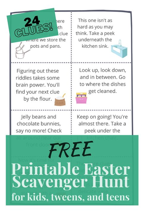 Free Printable Easter Scavenger Hunt For Kids, Tweens & Teens Printable Easter Scavenger Hunt Clues, Easter Egg Hunt Riddles For Kids, Indoor Easter Egg Scavenger Hunt, Easter Clues For Older Kids, Teen Egg Scavenger Hunt, Christ Centered Easter Scavenger Hunt, Free Easter Scavenger Hunt Clues, Teen Easter Egg Scavenger Hunt, Easter Basket Scavenger Hunt Clues Free