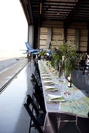 Airplane Hanger Party, Hanger Wedding Reception, Airplane Hanger Wedding, Aviation Wedding Theme, Pilot Wedding, Airport Wedding, Hangar Wedding, Aviation Party, Airplane Wedding