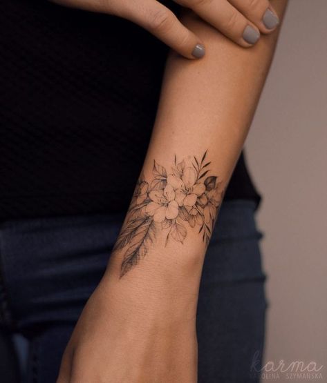 Arm Wrap Tattoo, Wrap Around Wrist Tattoos, Homemade Tattoos, Unique Wrist Tattoos, Wrap Tattoo, Flower Wrist Tattoos, Forearm Tattoo Women, Apple Blossoms, Wrist Tattoos For Women