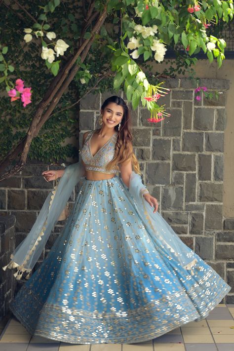 Dark Blue Velvet Lehenga, Sky Blue Colour Lehenga, Icy Blue Lehenga, Sky Blue Dress Indian, Blue Haldi Outfit, Sky Blue Lengha, Lehenga For Brothers Wedding, Reception Lehenga For Bride Sister, Electric Blue Lehenga