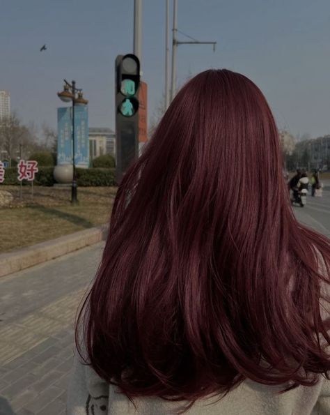 Dark Cherry Hair Aesthetic, Cherry Red Hair Straight, Black Cherry Hair Aesthetic, Cool Dark Red Hair, Dark Red Hair Straight, Dark Red Hair Korean, Dyed Dark Red Hair, Red Hair Inspo Aesthetic, Wine Red Hair Aesthetic