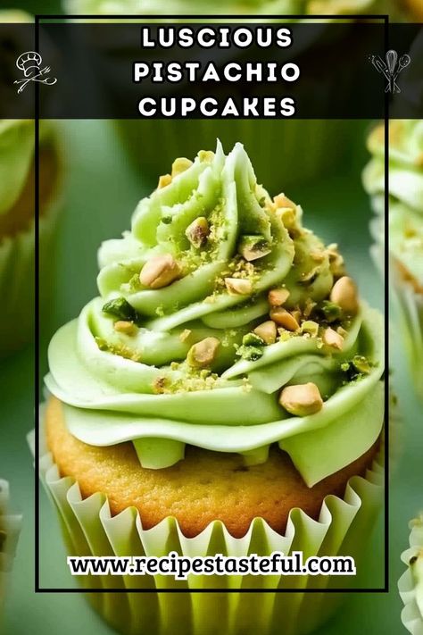 Delightful pistachio cupcakes topped with creamy vanilla buttercream frosting and garnished with chopped pistachios, these treats are perfect for any occasion. Pistachio Cupcakes From Scratch, Desserts With Pistachio Cream, Pistachio Cupcake Recipe, Pistachio Cream Cake, Pistachio Buttercream, Pistachio Cupcakes, Buttercream Frosting For Cupcakes, Colourful Food, Healthy Dessert Options