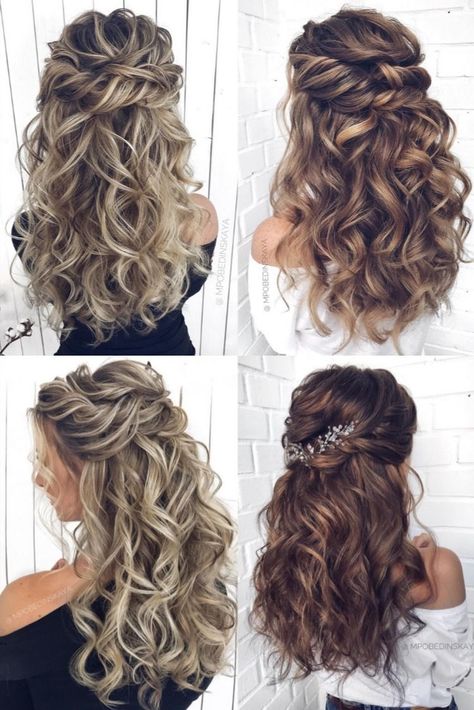 Half Up Wedding Hairstyles With Hair Piece, Half Up Do Front View, Bridal Hair Down And Curled, Cascading Curls Wedding Hair, Hollywood Curls Half Up, Formal Hair Long Down, Long Hairstyle For Wedding, Curl Bridal Hairstyles, Wedding Hair For Long Sleeve Dress