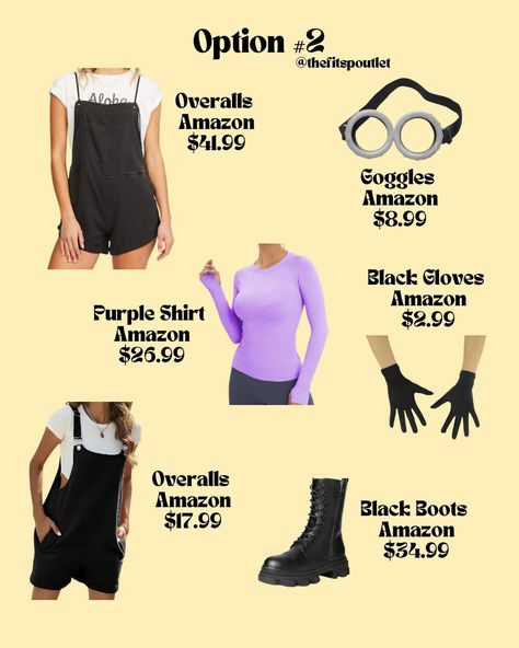 Minion Halloween Costume Inspo! #halloween #diyhalloween #costumeinspo #halloweencostume Evil Minion Costume Diy, Purple Minion Costume, Minion Diy, Halloween Minion, Minion Outfit, Evil Minion, Purple Minion, Minion Costume, Purple Minions