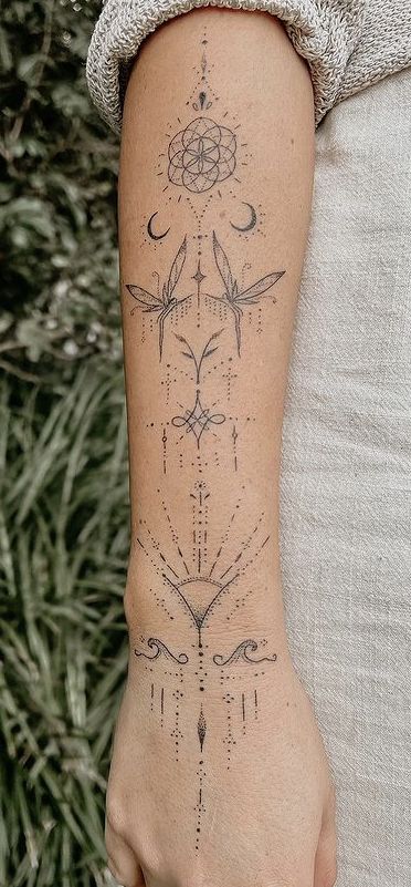 Sun Chandelier Tattoo, Feminine Energy Tattoo Sleeves, Vesica Pisces Tattoo, Celestial Half Sleeve Tattoo, Tattoo Ideas Mystical, Shoulder Jewelry Tattoo, Mystical Tattoo Sleeve, Ornamental Style Tattoo, Concept Tattoo Women