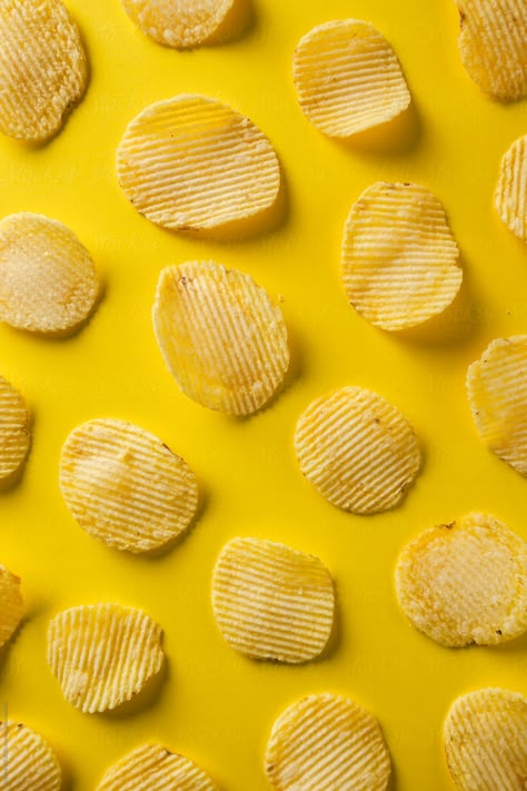 Potato Chips On Yellow Background. | Stocksy United Yellow Photography, Pattern Photography, Yellow Foods, Food Backgrounds, Food Photography Inspiration, Food Wallpaper, Yellow Aesthetic, Aesthetic Colors, 인물 사진