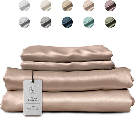 Colorado Home Co – 100% Silk Sheets 4pcs - Mulberry Silk Luxury Bedding Set Queen - Deep Pocket Fitted Sheet, Flat Silk Sheet, Silk Pillowcase Twin Set – Nude Champagne Cozy Comforters, Silk Sheet Set, Silk Bed Sheets, Silk Pillow Case, Queen Size Bed Sets, Silk Bed, Silk Bedding Set, White Sheet, Silk Sheets