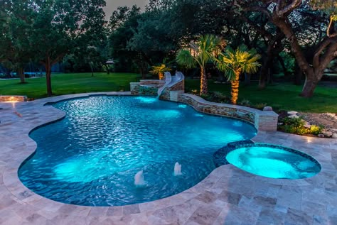 Infinity Lap Pool Designs, Pool Ideas With Retaining Wall, Hot Tub In Pool Ideas, Ariel View Of Backyard Pool, Backyard Pool Designs With Slide, Pool With Slide And Hot Tub, In Ground Pools With Slide, Small Home Pool Ideas, Inground Pool With Hot Tub Ideas