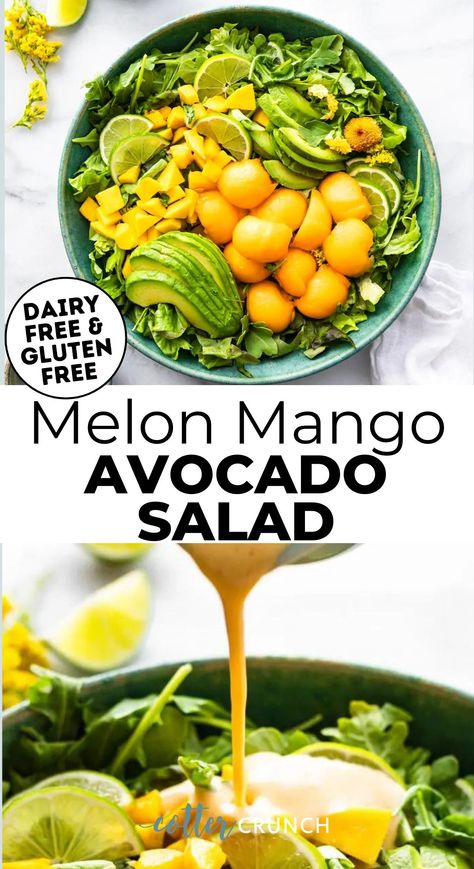 Mango avocado salad is a healthy fruit salad with cantaloupe and a light melon dressing. Make this easy recipe for a delicious dairy free dinner. No refined sugar and vegan friendly for the best summer salad with fruit. Make this melon salad recipe for your next BBQ or gluten free summer party! Cantaloupe Avocado Salad, Cantaloupe Salad Recipes, Cantelope Melon Recipes, Salad Gluten Free Dairy Free, Avocado Salad Vegan, Salad With Fruit, Cantaloupe Salad, Banana Salad, Salad Gluten Free