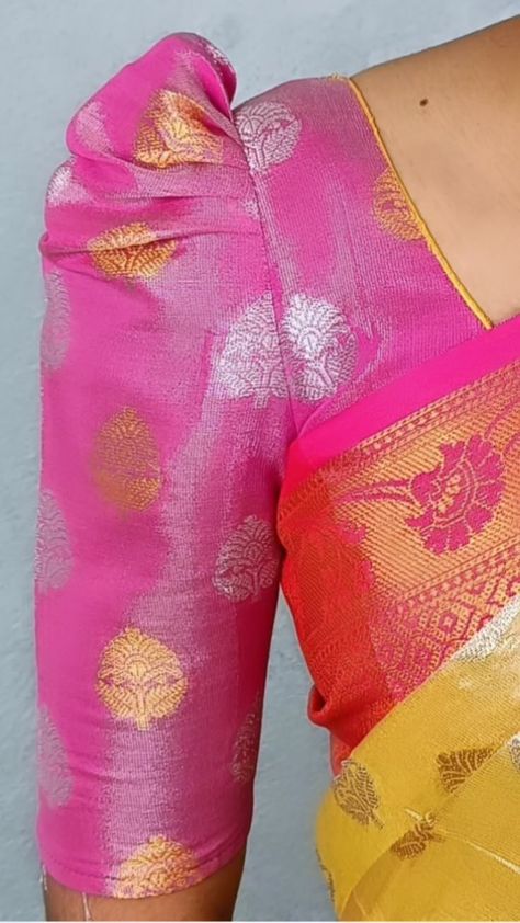 Gauri_Rawal | #designedbygauri✂✂✂🎀🎀💕 | Instagram Different Pattern Blouse Designs, Blouse Off Hand Designs, Blouse Hands And Neck Designs, Puff Designs For Blouse, Puff Sleeve Work Blouse, Puff Sleeved Blouses, Self Blouse Design, Designing Blouse Patterns, Back Blouse Embroidery Design