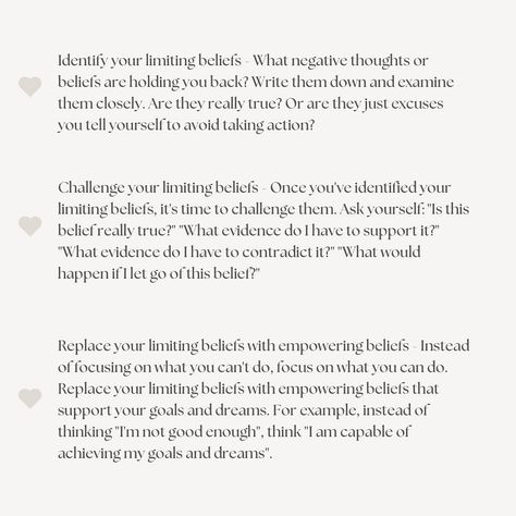When you believe in yourself and take action you will see miracles unfold ✨ This is what helped us overcome our limiting beliefs👇🏼 👉🏼 Identify your limiting beliefs - What negative thoughts or beliefs are holding you back? Write them down and reflect on them . Are they really true? Or are they just excuses you tell yourself to avoid taking action? 👉🏼 Challenge your limiting beliefs - Once you’ve identified your limiting beliefs, it’s time to challenge them. Ask yourself: “Is this belief r... Self Limiting Beliefs, When You Believe, Taking Action, Ask Yourself, Millionaire Mindset, Limiting Beliefs, Believe In Yourself, Hold You, Negative Thoughts