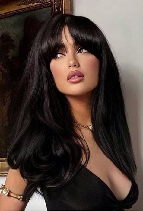 Black Hair With Volume, Layers And Side Bangs For Long Hair, Black Hair Asthetics, Midnight Black Hair Color, Older Women With Black Hair, French Bangs Updo, Long Hair No Layers Curtain Bangs, Baddie Hair With Bangs, Fringe Hairstyles Long Hair