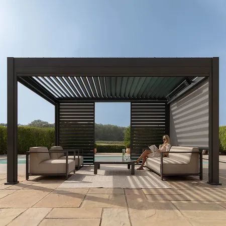 Aluminium Garden Pergolas | Maze Living Louvre Pergola, Louvre Wall, Privacy Blinds, Garden Pergola, Aluminum Pergola, Paving Slabs, Led Color Changing Lights, Patio Garden Design, Pergola With Roof