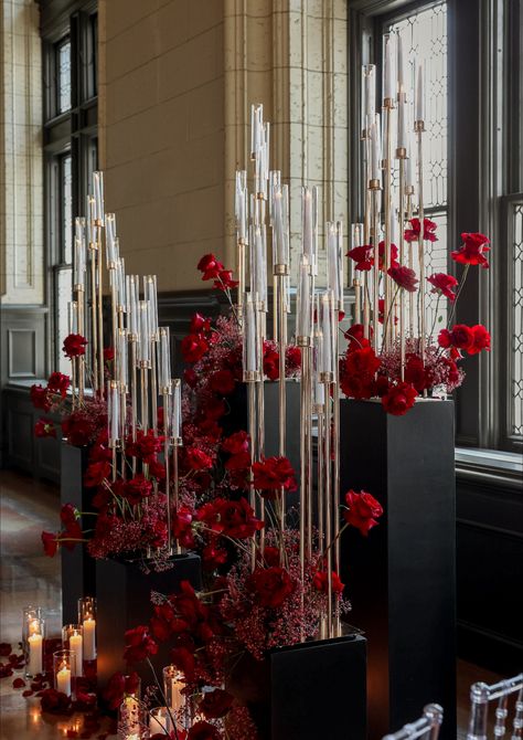 www.goodearthflowers.com Glass Table Decor Wedding, Red Rose Installation, Red And Gold Backdrop, Red Wedding Decorations Elegant, Red Roses Wedding Decor, Red Roses Decor, Red Party Decor, Asian Wedding Decor, Red Party Decorations