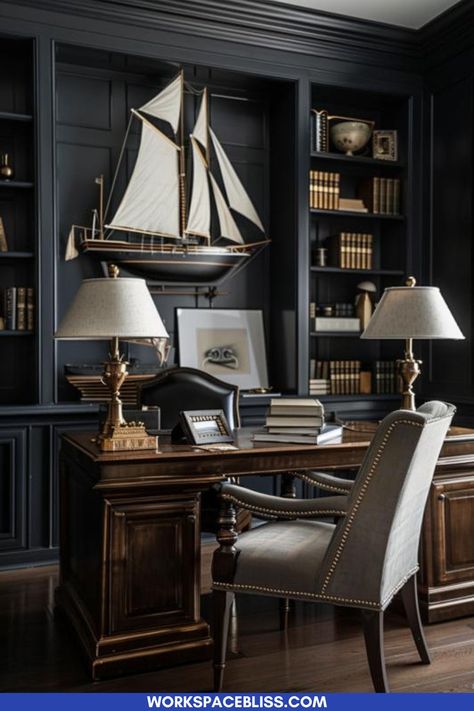 Noir Nautical decor in a work from home office as a moody office idea Coastal Dark Academia, Military Office Decor Ideas, Nautical Office Decor Ideas, Men’s Study, Moody Coastal Decor, Moody Office Ideas, Grand Office, Nautical Office Decor, Office Ideas For Men