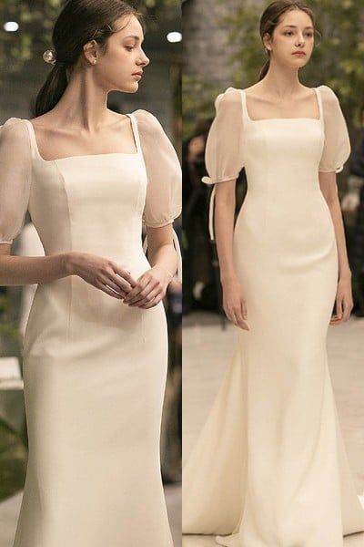 Wedding Gown Mermaid Classy, Simple Wedding Dress With Puff Sleeves, Korean Satin Dress, Simple Wedding Dress With Sleeves Classy Sophisticated Bride, Modern Simple Wedding Dress Classy, Minimal Wedding Dress Long Sleeve, Simple Elegant Wedding Dress Classy, Dress Body Shape, Filipino Wedding Dress