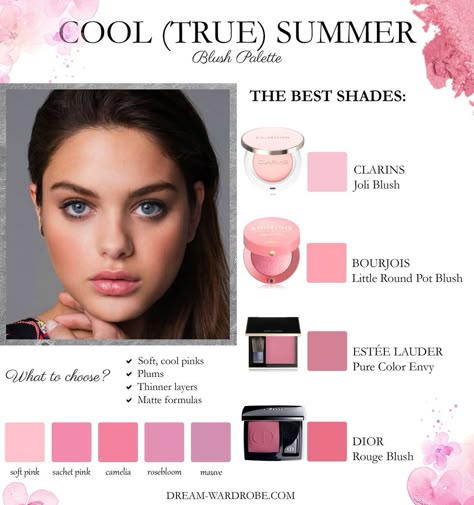 Dream Wardrobe | Personalize your makeup collection with the right colors! Get your own Cool (True) Summer Color and Style Book, the complete guide! With a… | Instagram Cool Summer Color Makeup, Make Up For Cool Summer Type, Cool Summer Color Palette Makeup Looks, Blush For Cool Summer, Cold Summer Makeup, Makeup For Summer Skin Tone, Cool True Summer Color Palette, Summer Cool Makeup, True Summer Blush