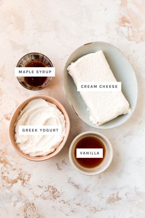 Healthy Cream Cheese Frosting Recipe, Cream Cheese Yogurt Frosting, Maple Syrup Cream Cheese Frosting, Greek Yogurt Cream Cheese Frosting, Protein Cream Cheese Frosting, Healthy Cream Cheese Icing, How To Use Cream Cheese, Greek Yogurt Frosting Healthy, Paleo Cream Cheese Frosting