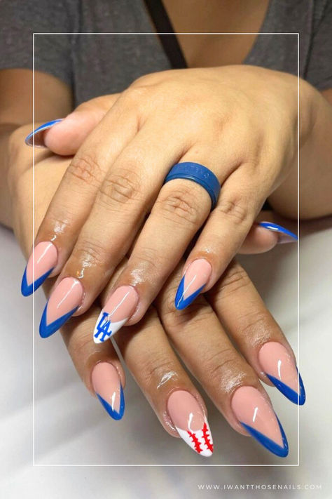 baseball nails french tip Pink Baseball Nails, Dodger Nails Designs Los Angeles, Los Angeles Dodgers Nails, Baseball Inspired Nails, Baseball Nails Almond, Nails Baseball, La Dodgers Nails Design, La Dodgers Nails, Sports Nails Designs