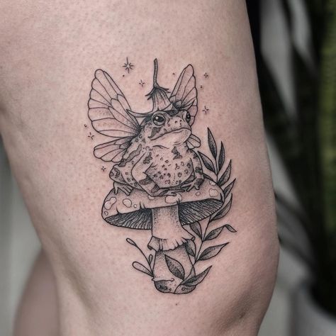 Pony Reinhardt Tattoo, Fairy Sleeve Tattoo, Tattoo Mushroom, Pony Reinhardt, Cottagecore Tattoo, Nc Tattoo, Frog Fairy, Fairy Frog, Aesthetic Tattoo Ideas