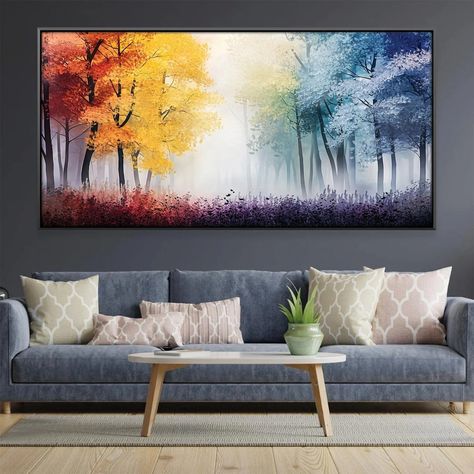 Four Seasons Painting, Seasons Painting, Painting For Home Decor, Room Painting, Painting For Home, Misty Forest, Forest Landscape, Room Paint, Yellow And Blue