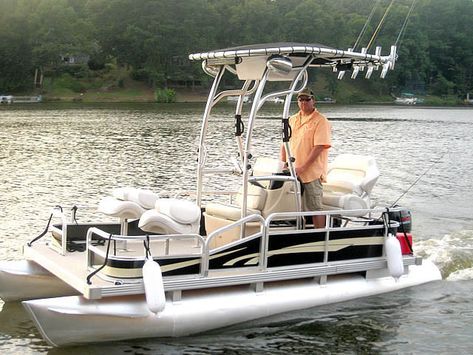 Godfrey Sea Ryder Pontoon / Custom with SG600 Review | Stryker T-Tops, Universal Boat T-Tops for Center Console Boats Electric Pontoon Boat, Small Power Boats, Pontoon Boat Ideas, Mini Pontoon Boats, Small Pontoon Boats, Fishing Pontoon Boats, Center Console Fishing Boats, Tracker Boats, Center Console Boats